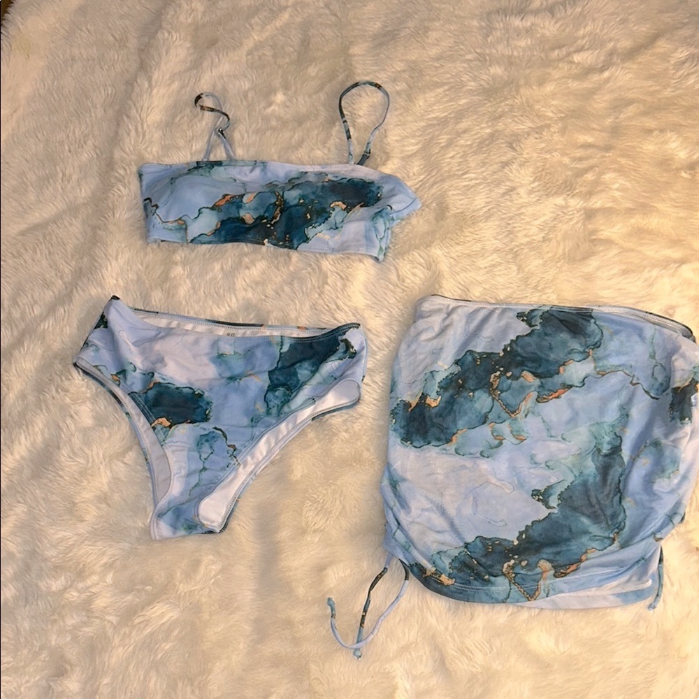 Blue and Gold Marble Print 3 Piece Swimsuit
